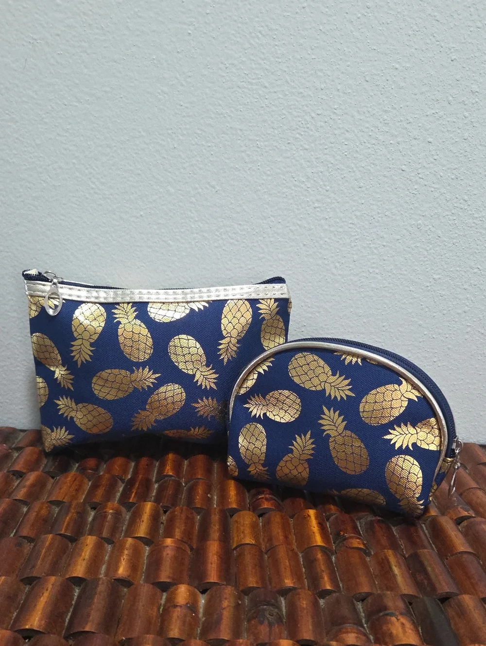 Navy Cosmetic Pouch Set with Metallic Gold Pineapple Print